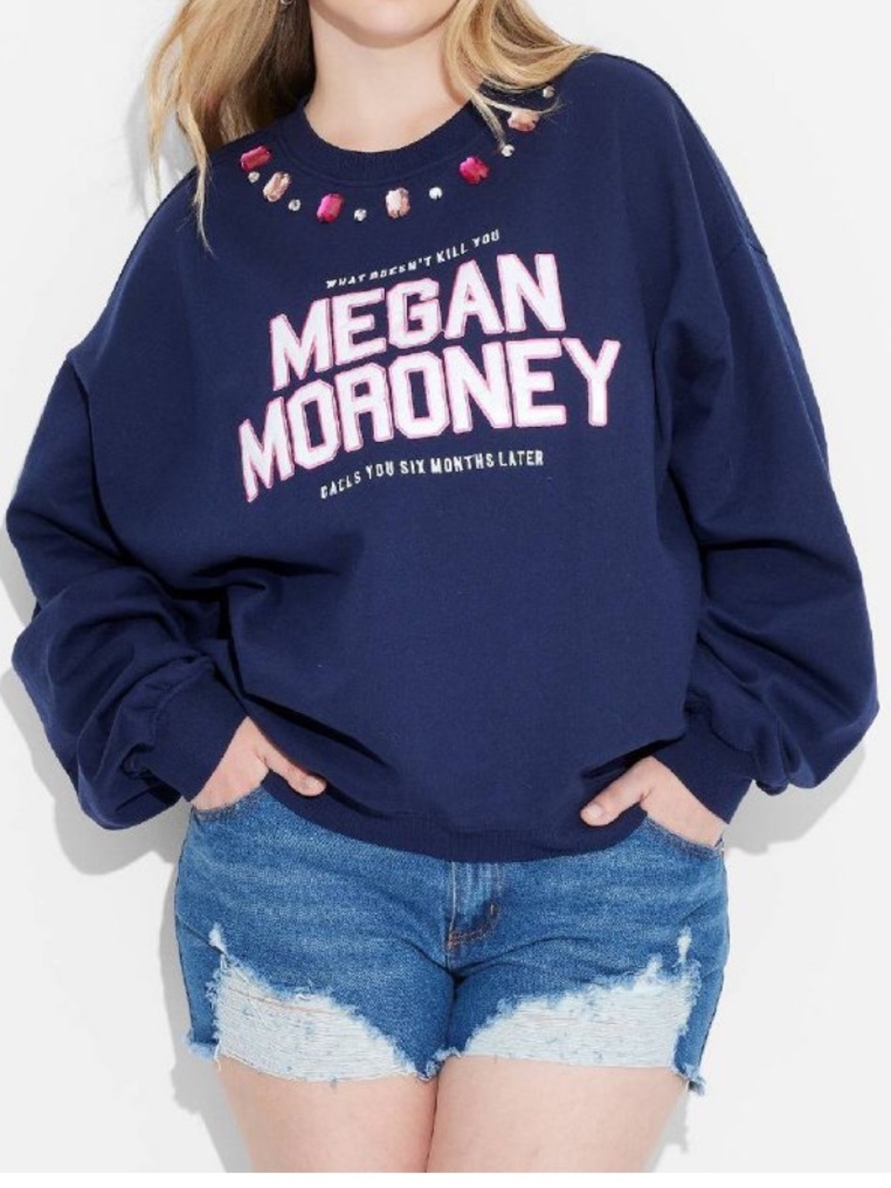 Women's Megan Moroney Jeweled Fleece Graphic Pullover Sweatshirt - Navy Blue